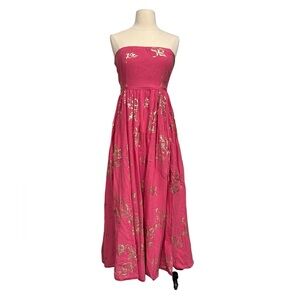 Free People Baja Babe Pink Strapless Maxi Dress With Gold Leaves Size Large NWT